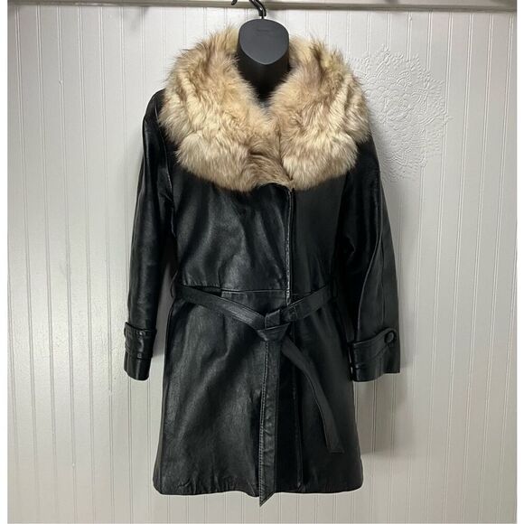 VINTAGE Leather Coat With Fox Fur Collar - Picture 1 of 9